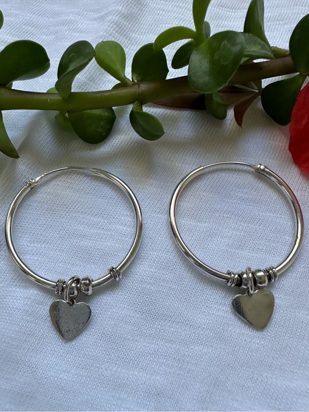 Vintage Sterling Silver Heart Charm Hoop Earrings